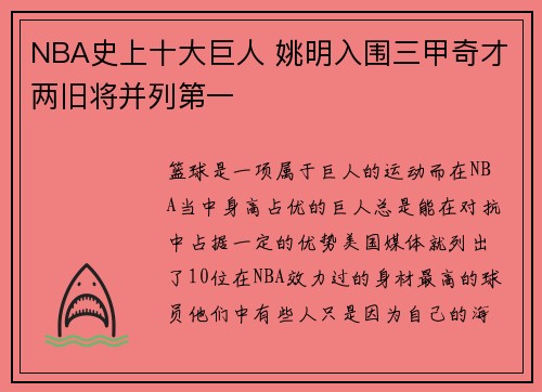 NBA史上十大巨人 姚明入围三甲奇才两旧将并列第一
