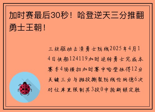 加时赛最后30秒！哈登逆天三分推翻勇士王朝！