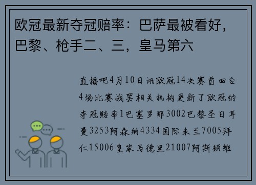 欧冠最新夺冠赔率：巴萨最被看好，巴黎、枪手二、三，皇马第六